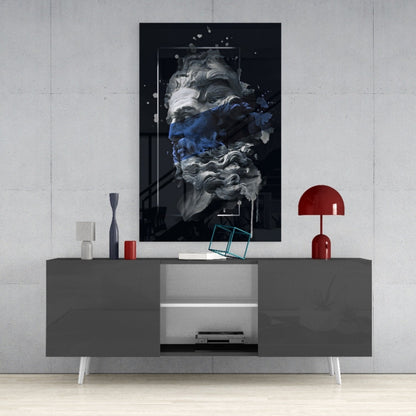 Navy Blue Paint Stripe Poseidon Bust Glass Wall Art