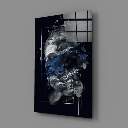 Navy Blue Paint Stripe Poseidon Bust Glass Wall Art