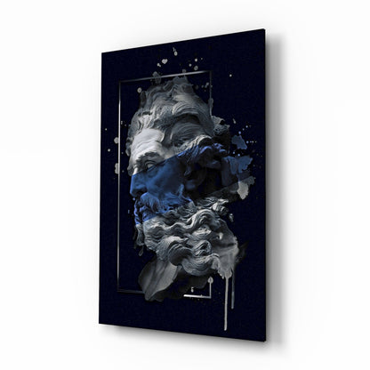Navy Blue Paint Stripe Poseidon Bust Glass Wall Art