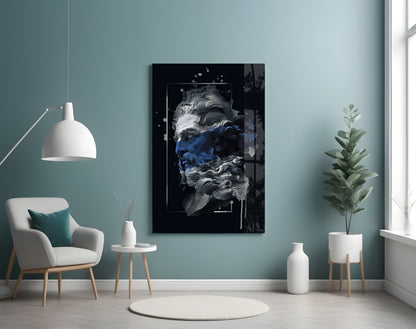 Navy Blue Paint Stripe Poseidon Bust Glass Wall Art