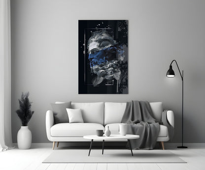 Navy Blue Paint Stripe Poseidon Bust Glass Wall Art