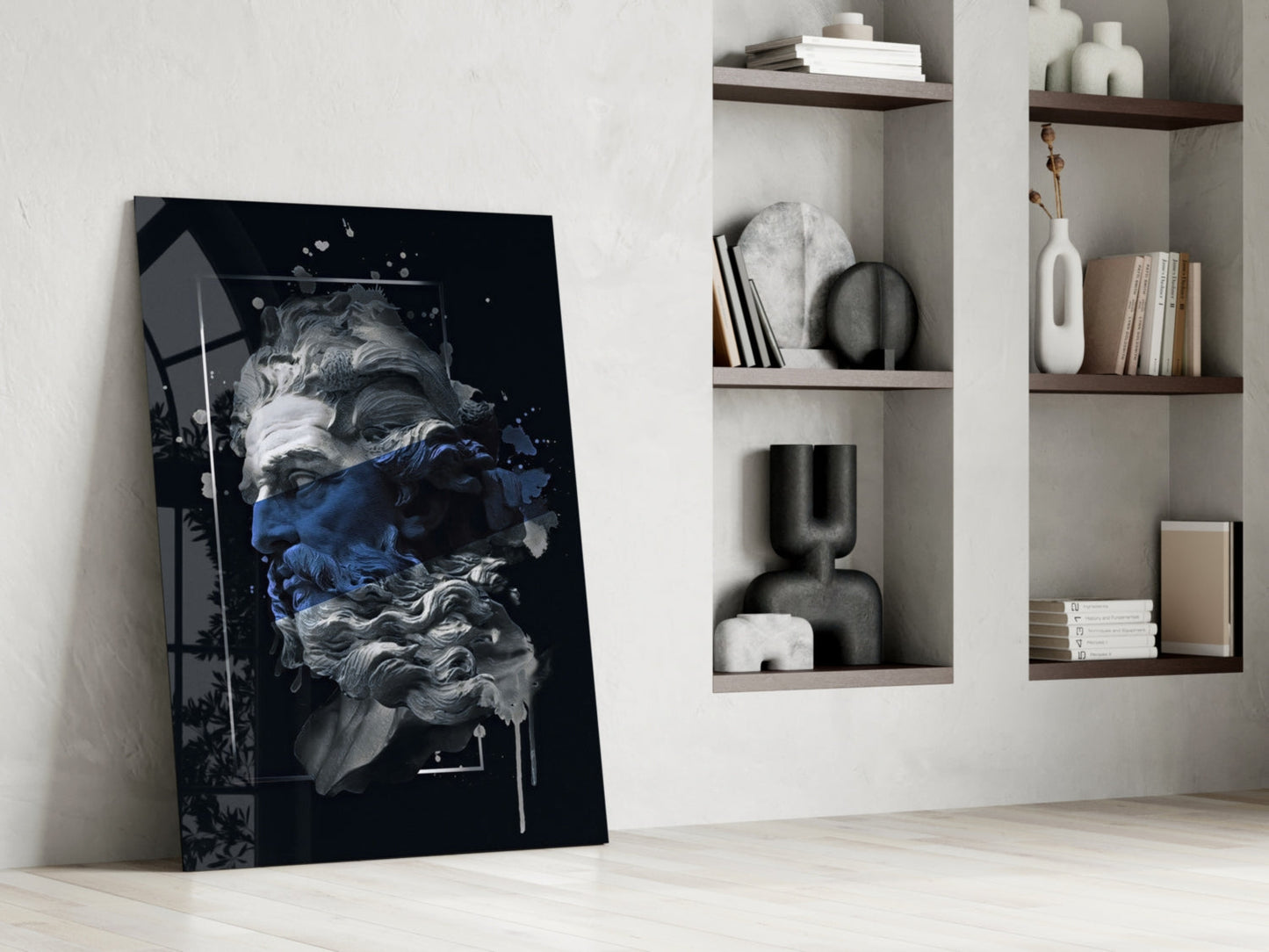 Navy Blue Paint Stripe Poseidon Bust Glass Wall Art