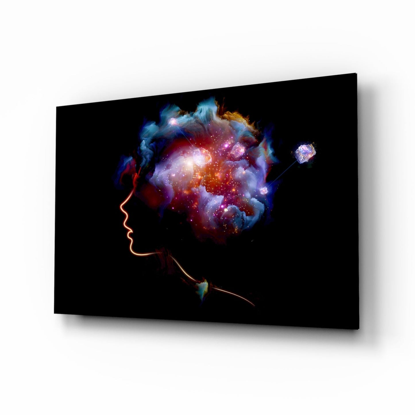 Glass wall art displaying a neon-outlined profile with a cosmic nebula brain scene against black background, mounted at angle.