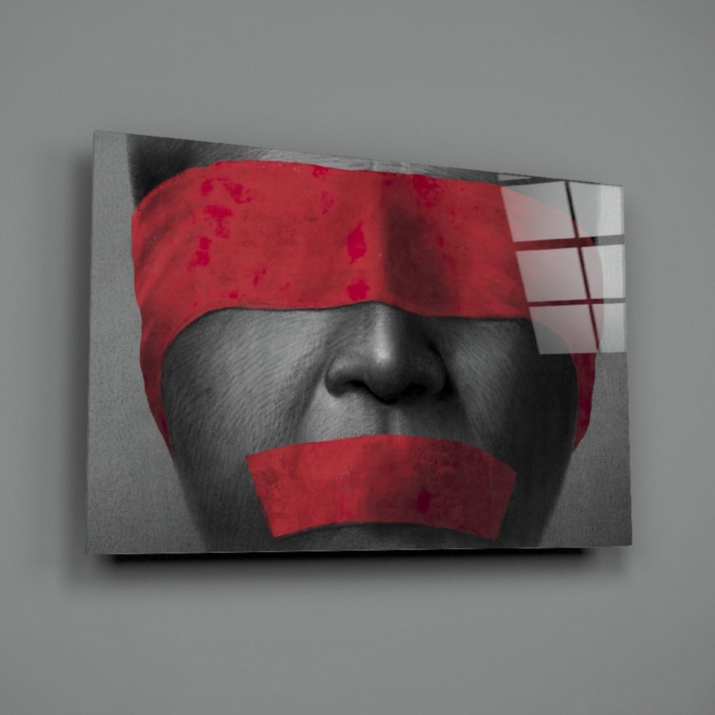 Red Blindfold and Taped Mouth Portrait Glass Wall Art