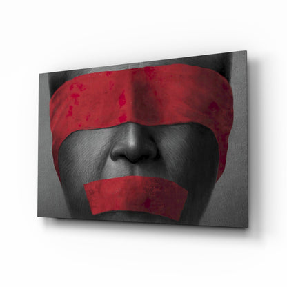 Red Blindfold and Taped Mouth Portrait Glass Wall Art