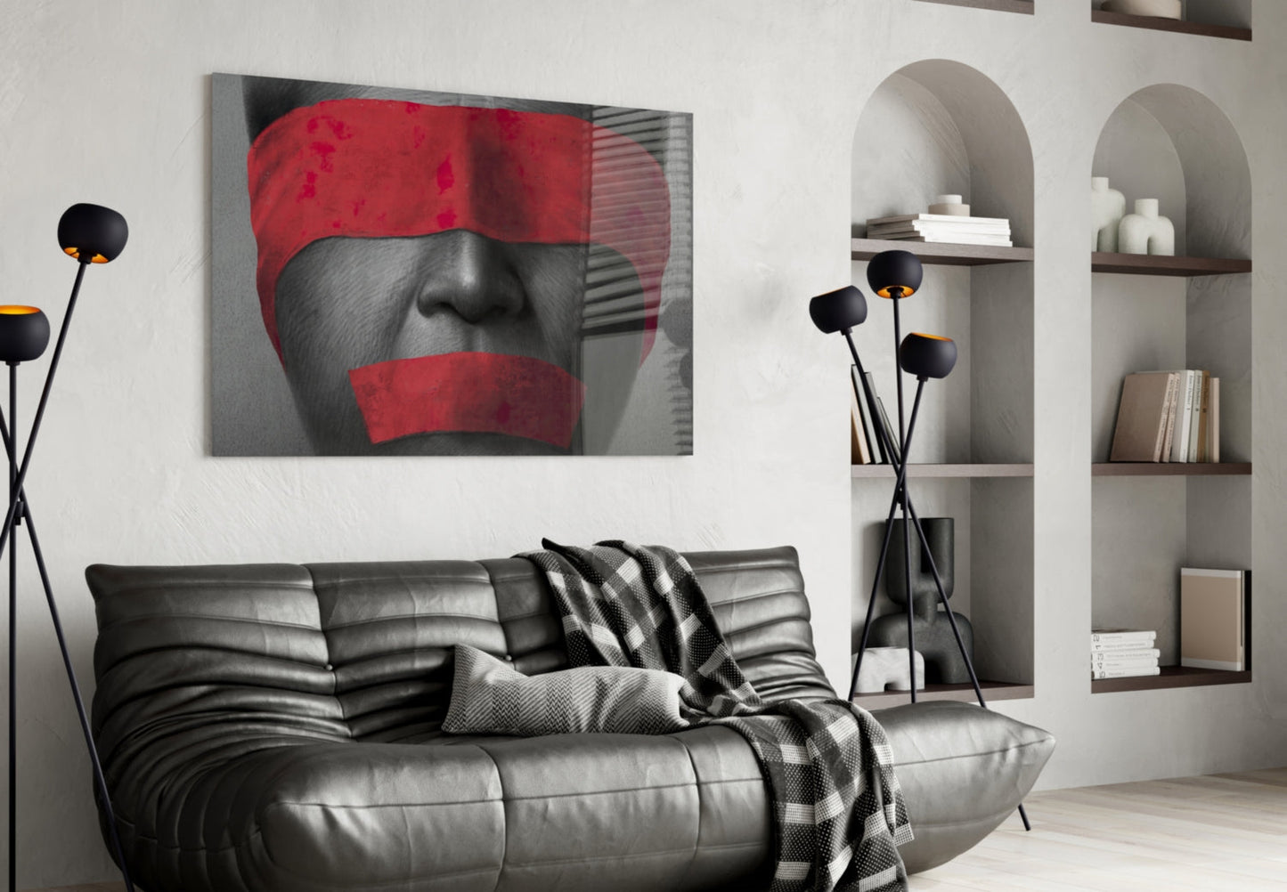 Red Blindfold and Taped Mouth Portrait Glass Wall Art