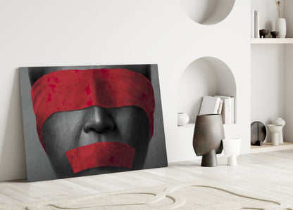 Red Blindfold and Taped Mouth Portrait Glass Wall Art