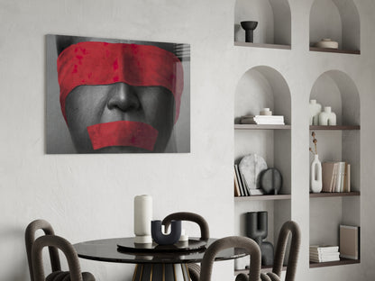 Red Blindfold and Taped Mouth Portrait Glass Wall Art