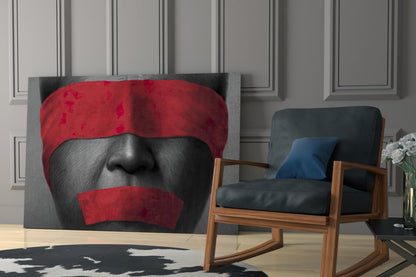 Red Blindfold and Taped Mouth Portrait Glass Wall Art
