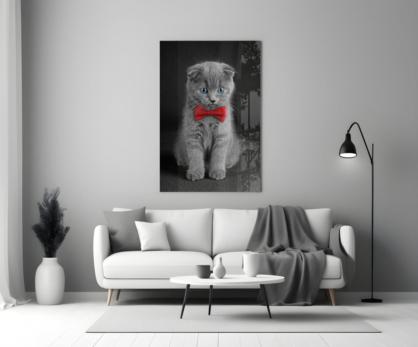 Gray Kitten Red Bow Tie Glass Wall Art