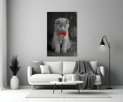 Gray Kitten Red Bow Tie Glass Wall Art