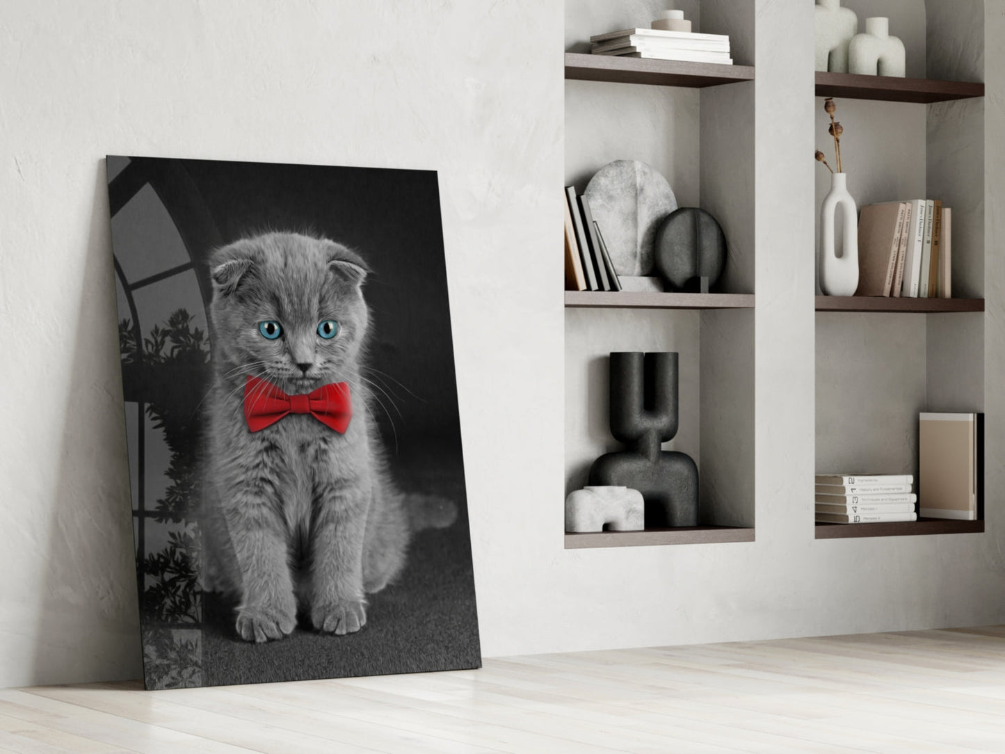 Gray Kitten Red Bow Tie Glass Wall Art
