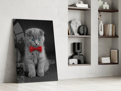 Gray Kitten Red Bow Tie Glass Wall Art