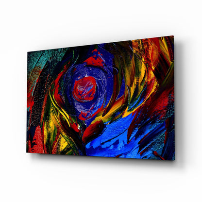Angled view of vibrant oil printing glass wall art featuring concentric circles in red, blue, yellow, and black with textured brushstroke effects.