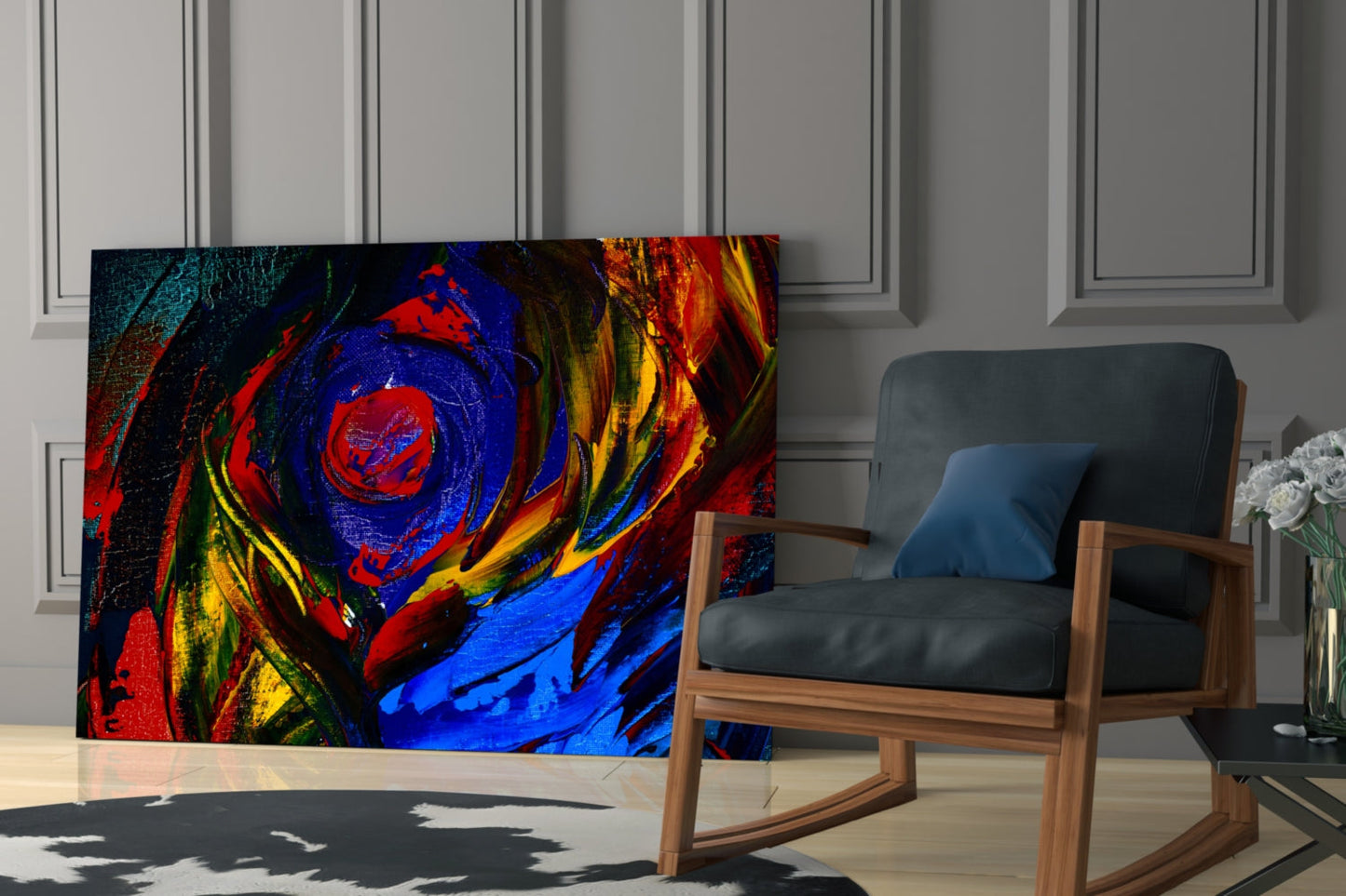 Vibrant abstract oil printing glass wall art displaying swirling red, blue, yellow, and green patterns displayed in a modern living room setting.