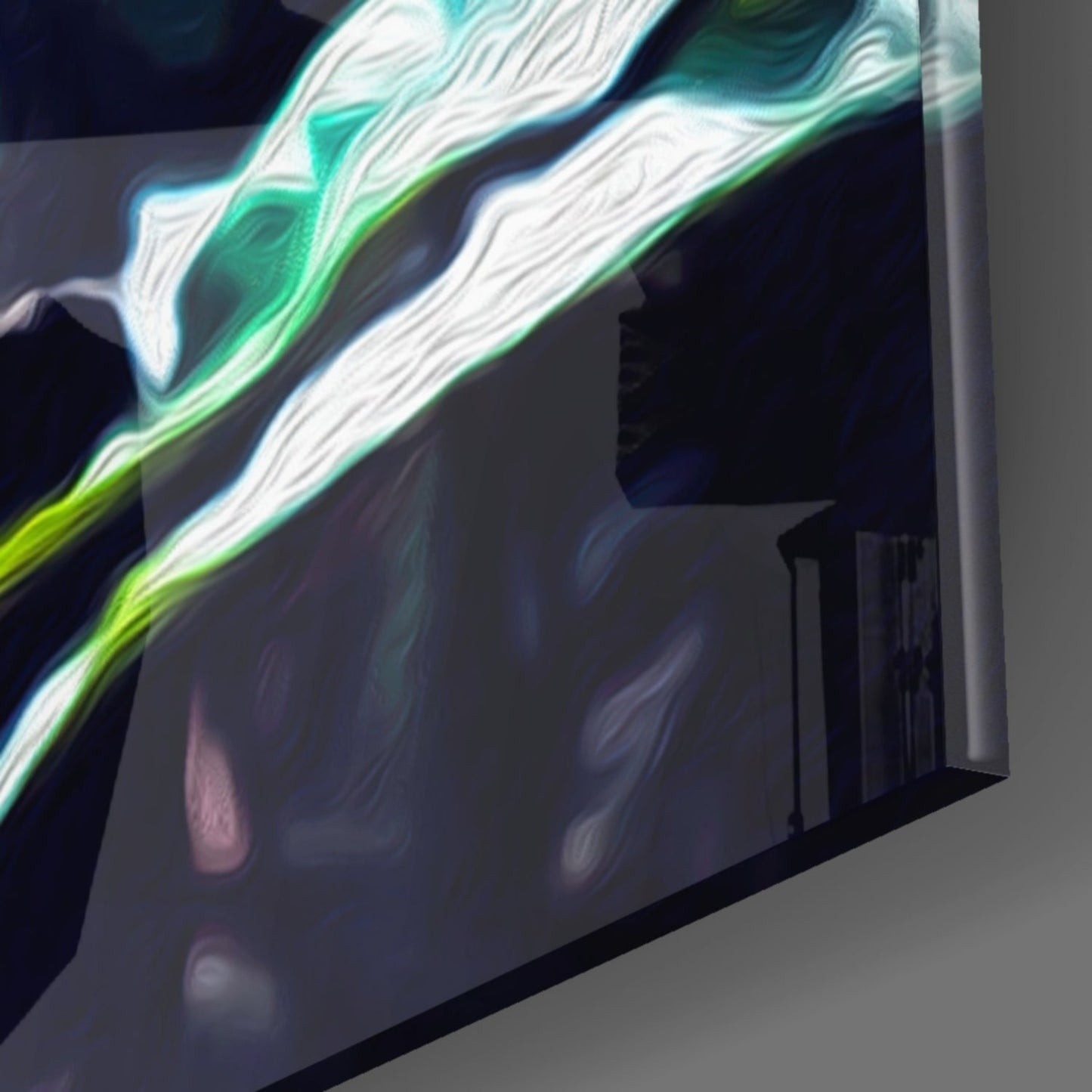 Neon glass wall art with glowing green, white, and cyan streaked lines against dark background, angled side view.