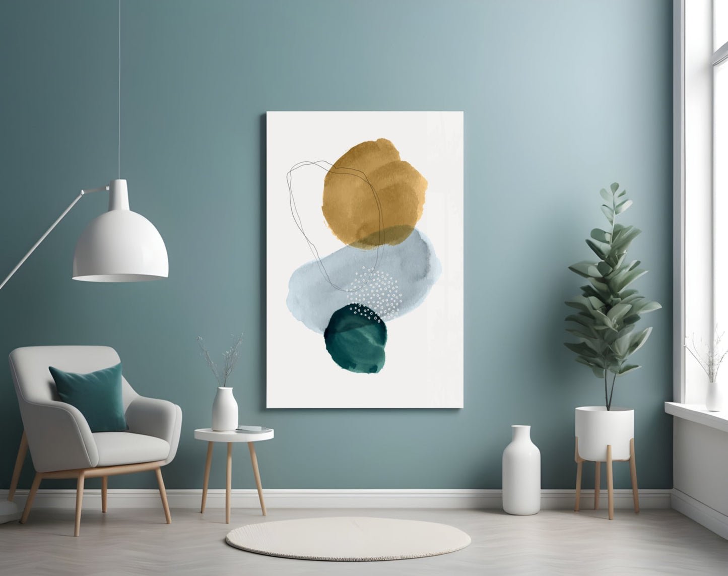 Gold Blue Teal Stacked Circles Glass Wall Art