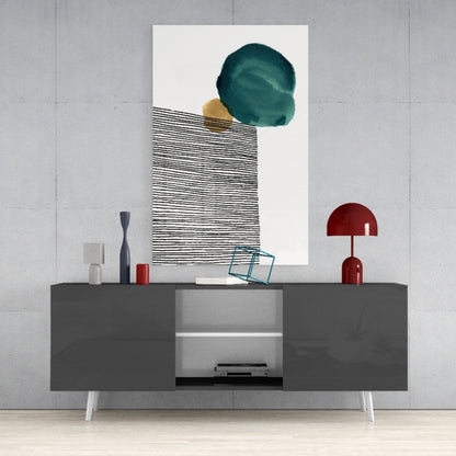 Teal Circle Black Stripes Gold Glass Wall Art