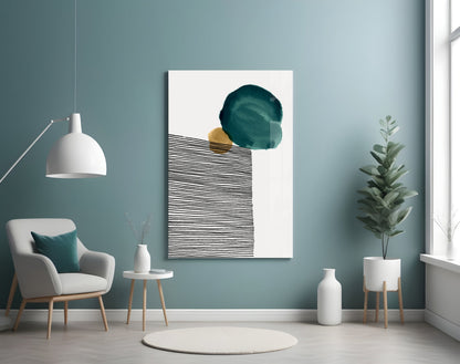 Teal Circle Black Stripes Gold Glass Wall Art