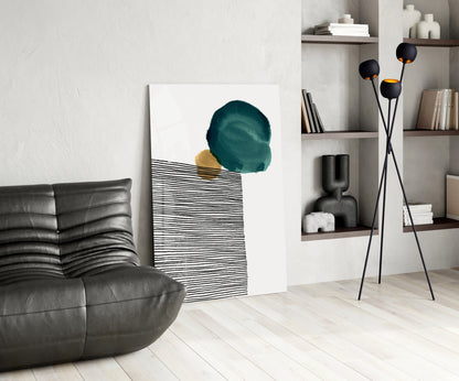 Teal Circle Black Stripes Gold Glass Wall Art