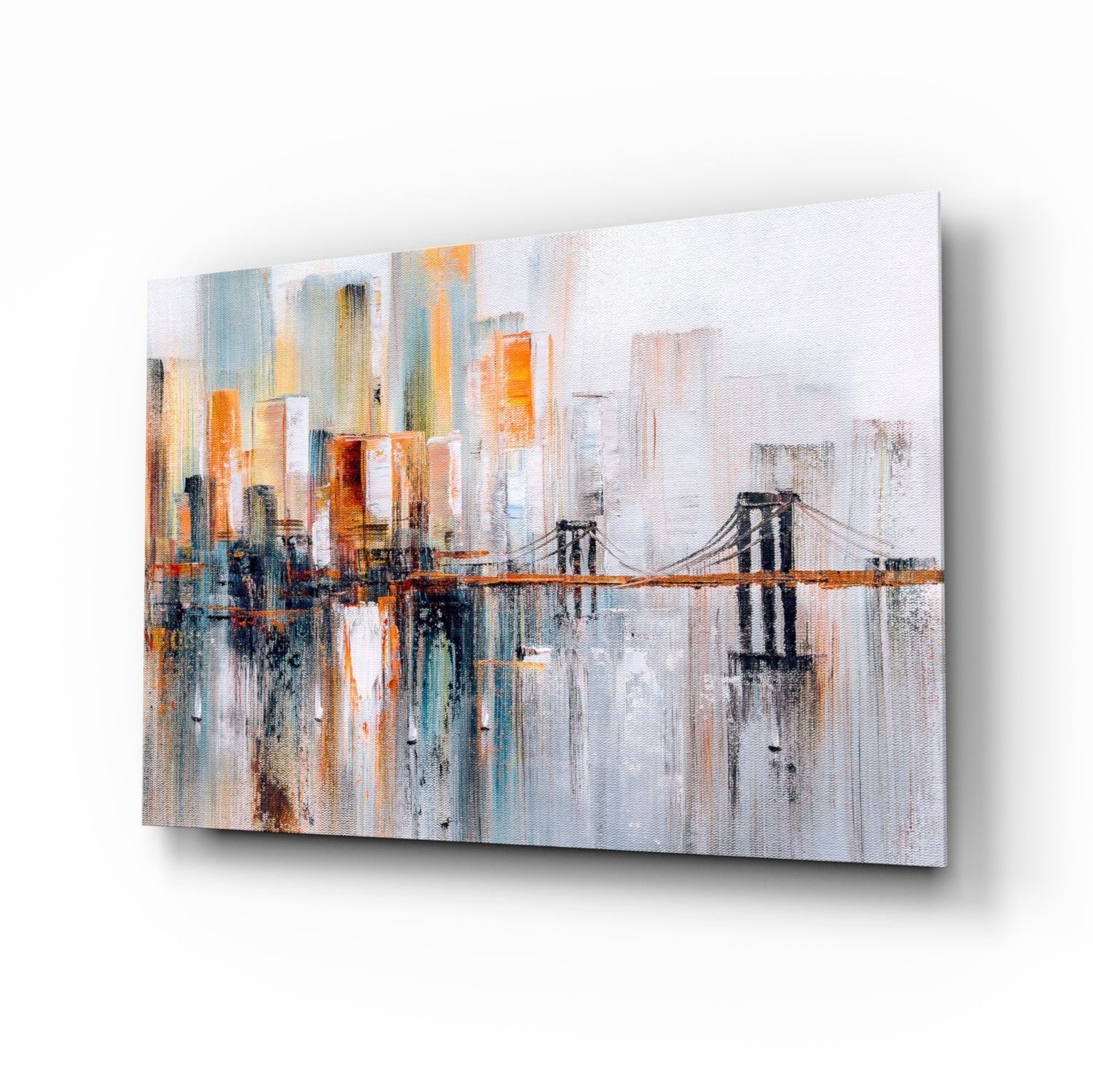 Abstract cityscape with suspension bridge, rendered in soft blues, oranges, and whites on canvas, displayed at angle against white background.