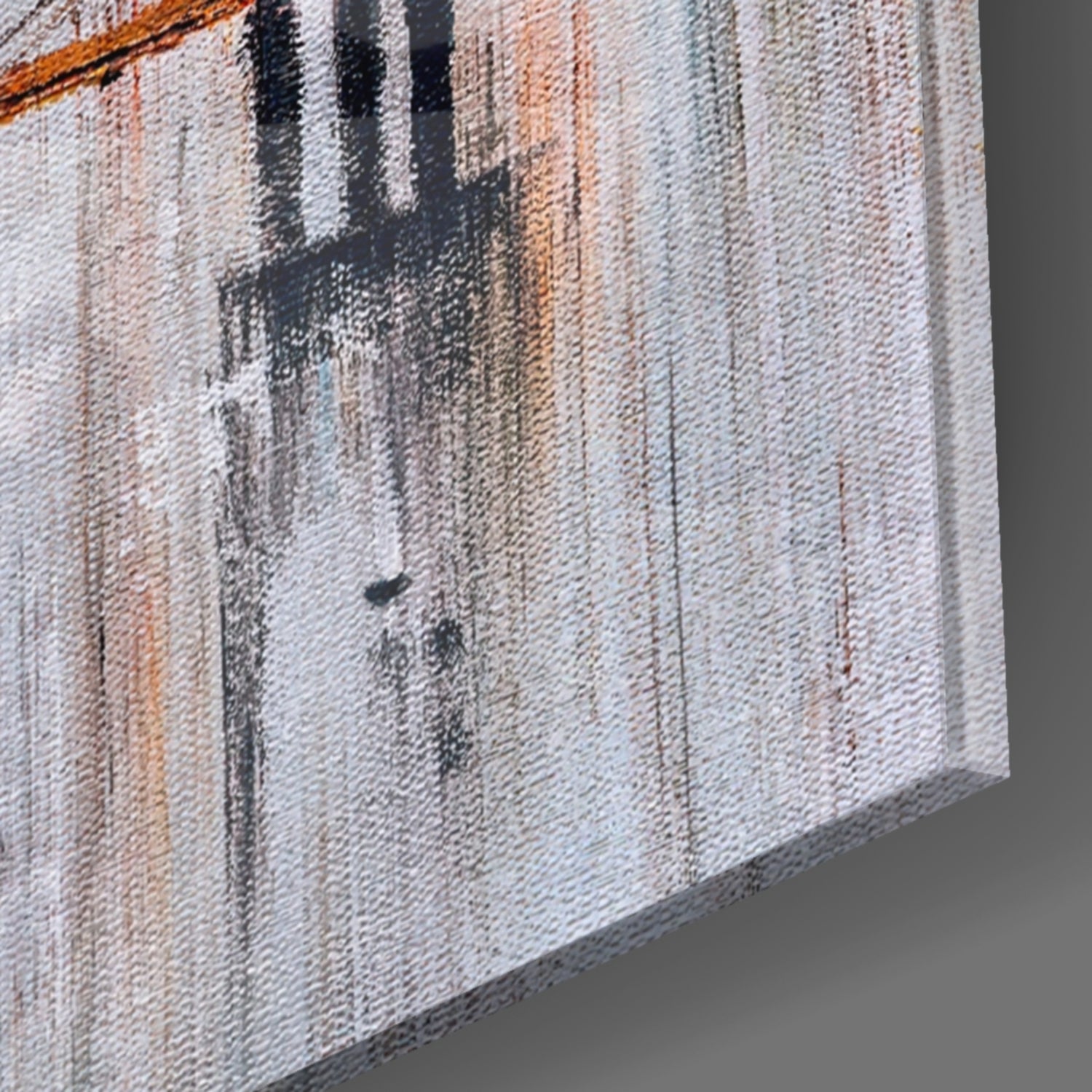 Close-up side angle of textured canvas wall art showing vertical brushstrokes in black, tan, and cream tones.
