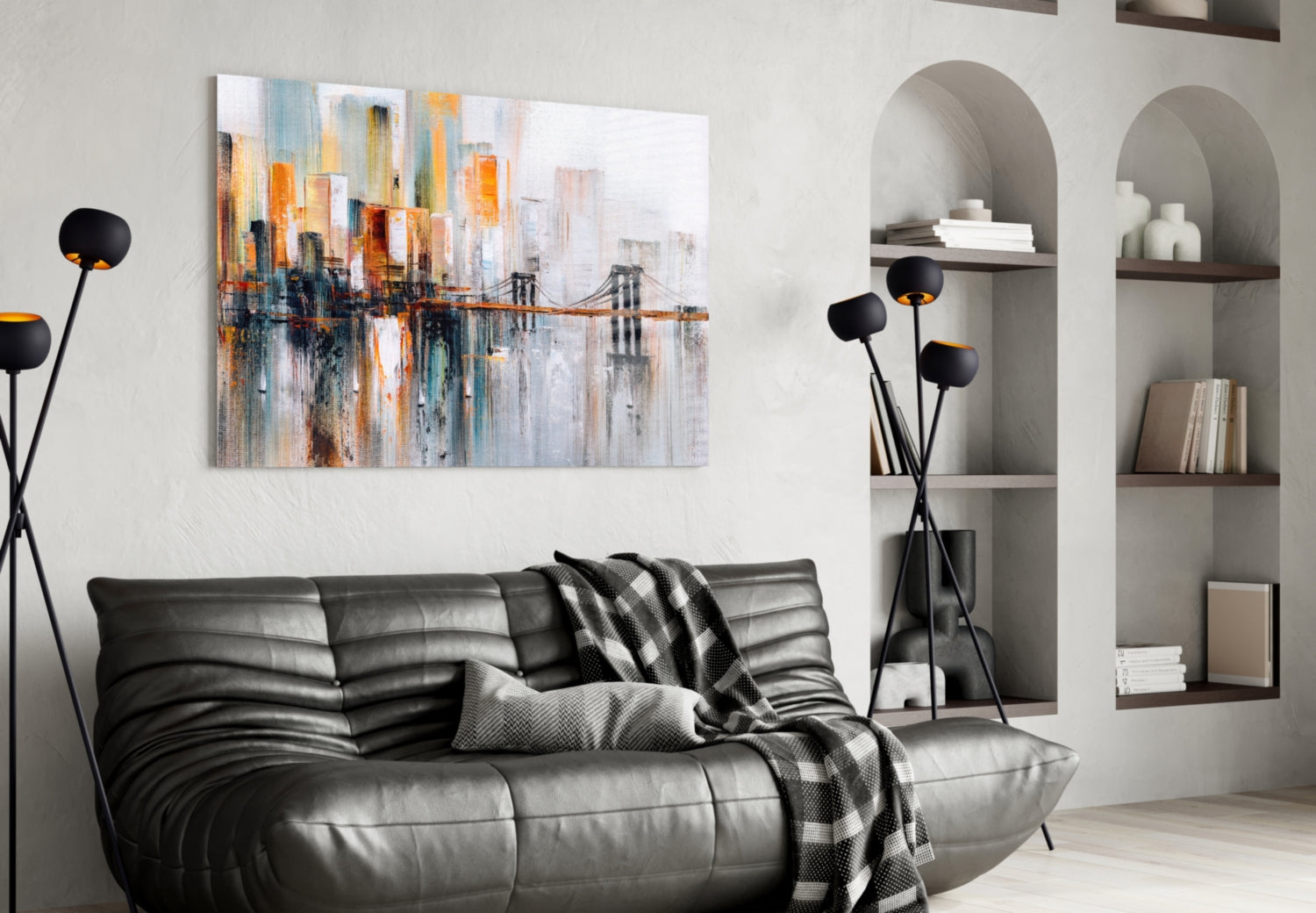 Ghost Town glass wall art featuring an abstract cityscape with orange, blue, and grey tones displayed above a black leather sofa in a modern living room.