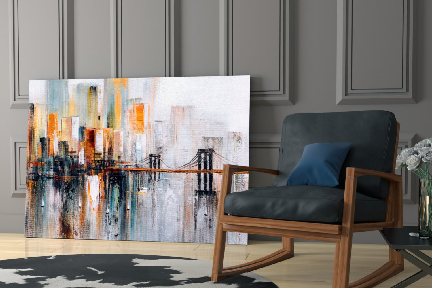 Abstract cityscape glass art featuring orange, blue, and white vertical brushstrokes with Brooklyn Bridge silhouette, displayed in modern living room setting.