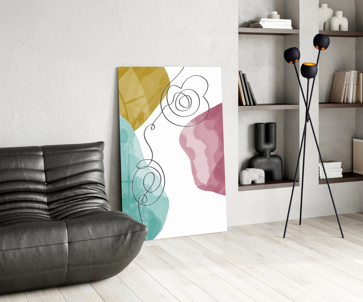 Mustard Teal Pink Scribble Loops Glass Wall Art