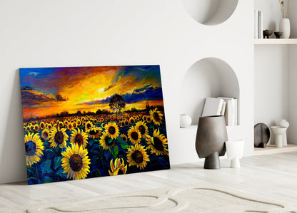Vibrant sunflower field glass art leaning against white wall in minimalist interior setting with decorative objects.