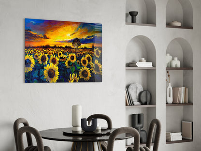 Colorful sunflower field glass art hanging above a round black dining table with gray chairs and white shelving.
