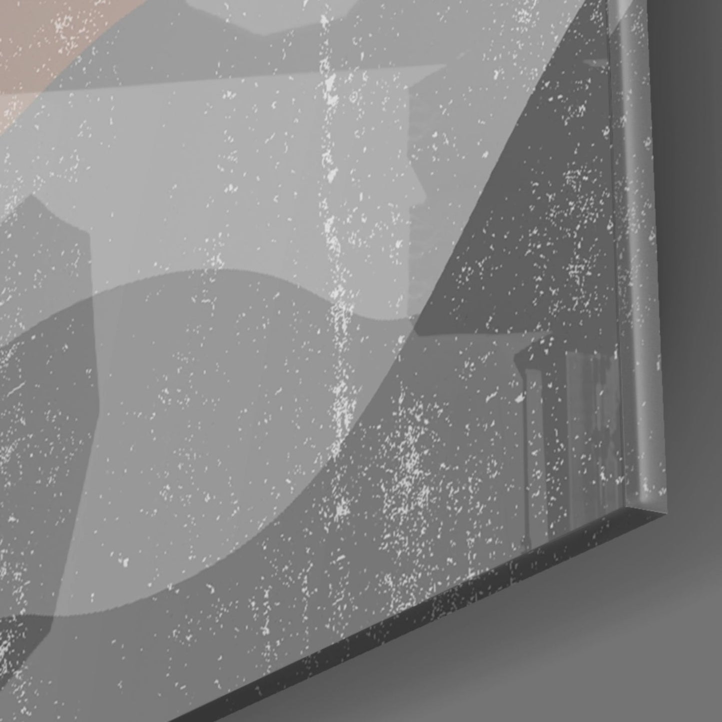 Close-up detail of textured glass surface with white speckled pattern and gray tonal variations showing leaf-shaped forms.