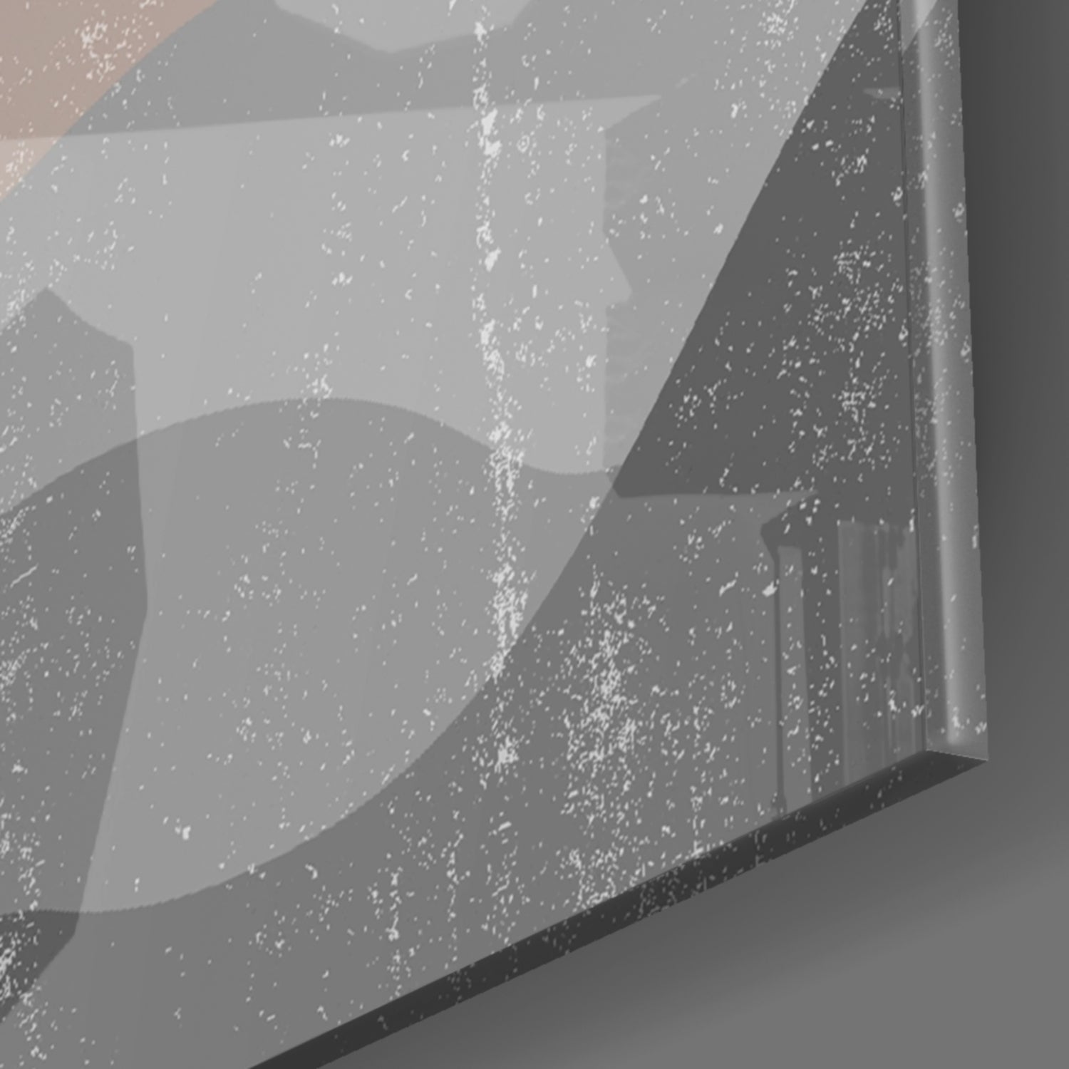 Close-up detail of textured glass surface with white speckled pattern and gray tonal variations showing leaf-shaped forms.