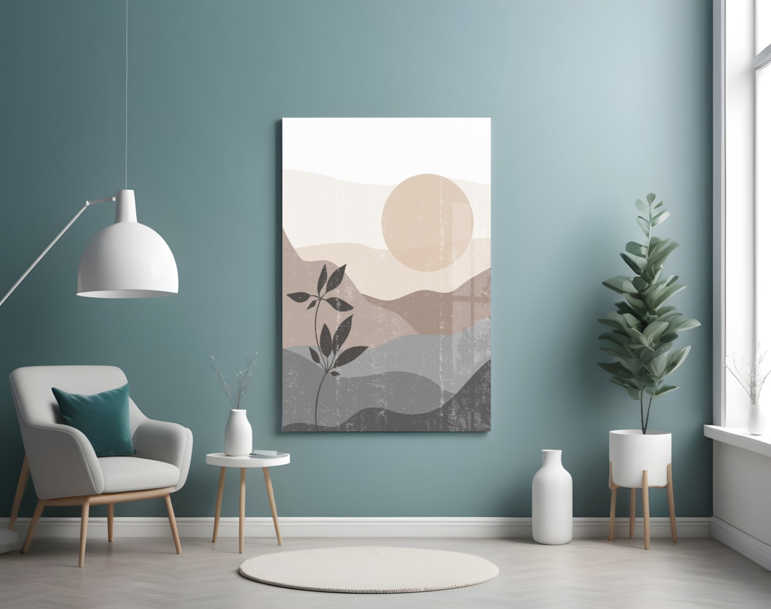 Small Leaves Glass Wall Art displayed on turquoise wall above chair in minimalist room setting.