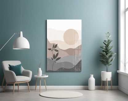Small Leaves Glass Wall Art displayed on turquoise wall above chair in minimalist room setting.