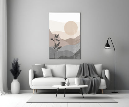 Small Leaves Glass Wall Art displayed above a white sofa in a minimalist living room with neutral tones and botanical motifs.