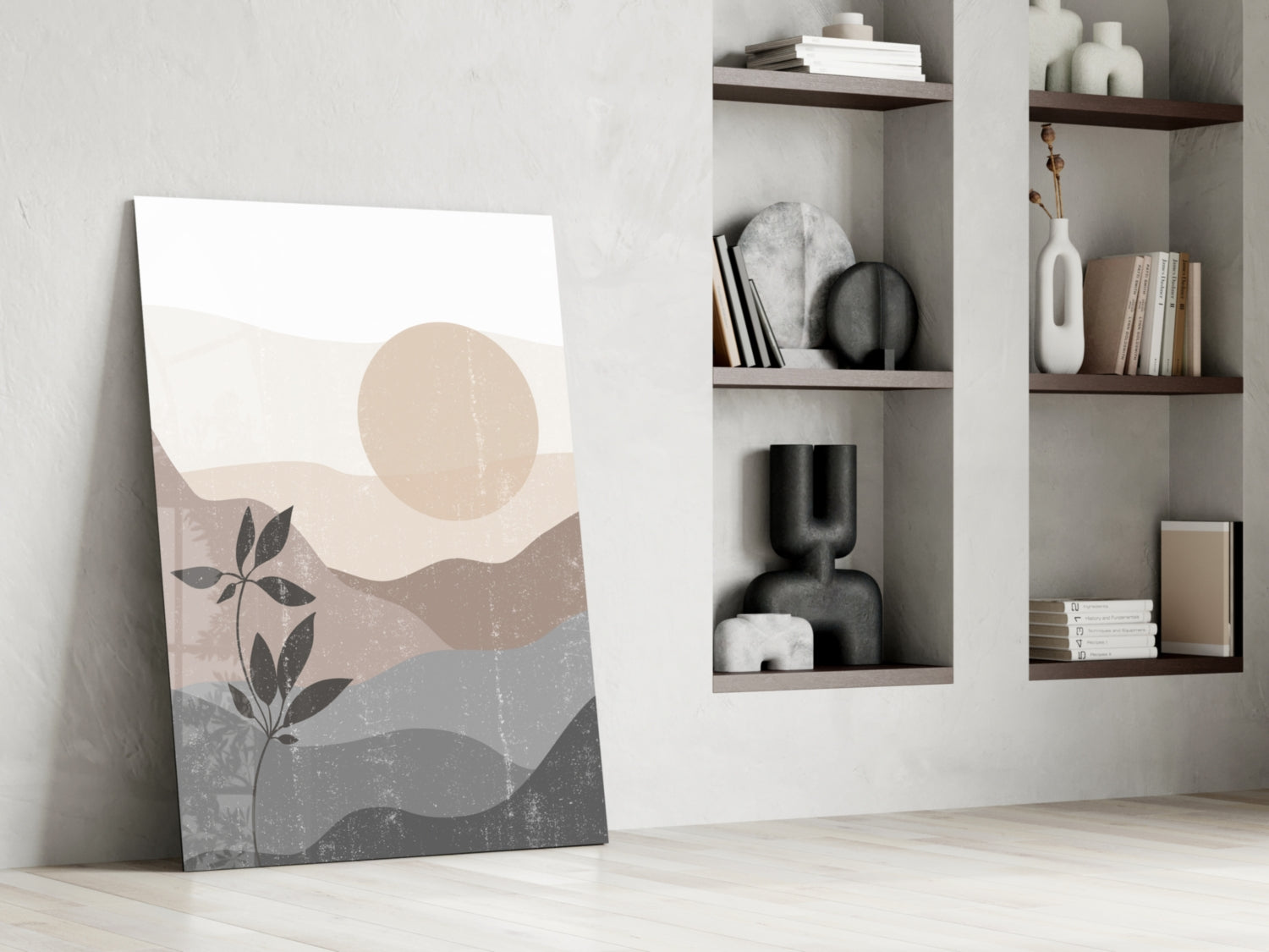 Abstract landscape glass art leaning against wall featuring beige, gray, and blue layered mountains with plant motif and circular sun.