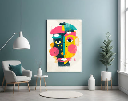 Pink Yellow Collage Cubist Face Glass Wall Art