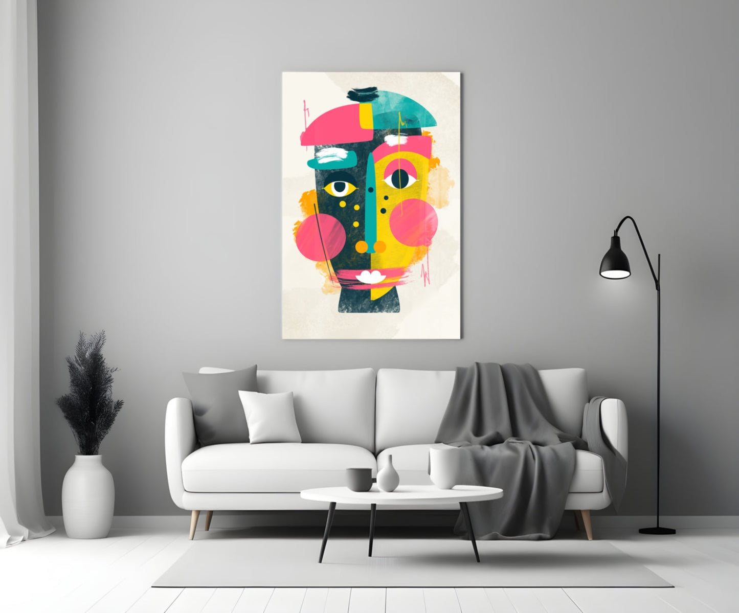 Pink Yellow Collage Cubist Face Glass Wall Art