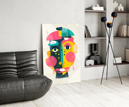 Pink Yellow Collage Cubist Face Glass Wall Art