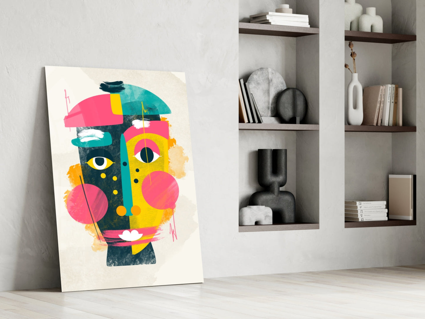 Pink Yellow Collage Cubist Face Glass Wall Art