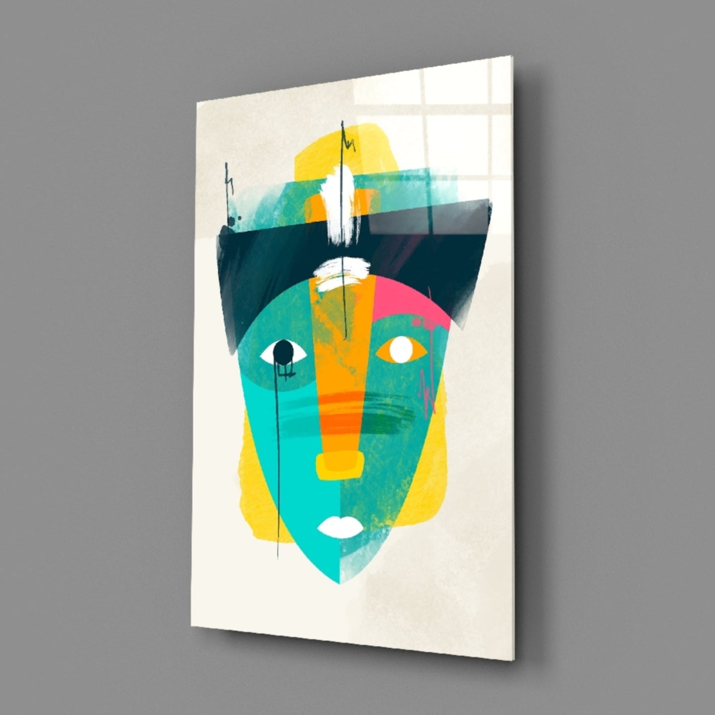 Tribal Mask Style Abstract Face Glass Wall Art
