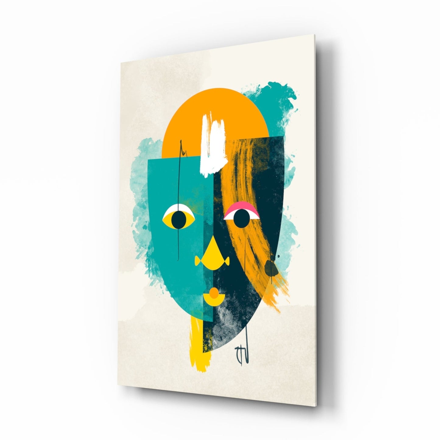Teal And Yellow Geometric Face Glass Wall Art