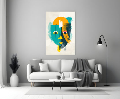 Teal And Yellow Geometric Face Glass Wall Art