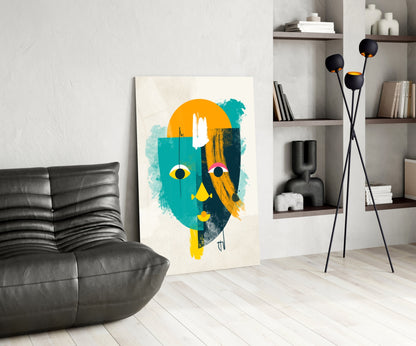 Teal And Yellow Geometric Face Glass Wall Art