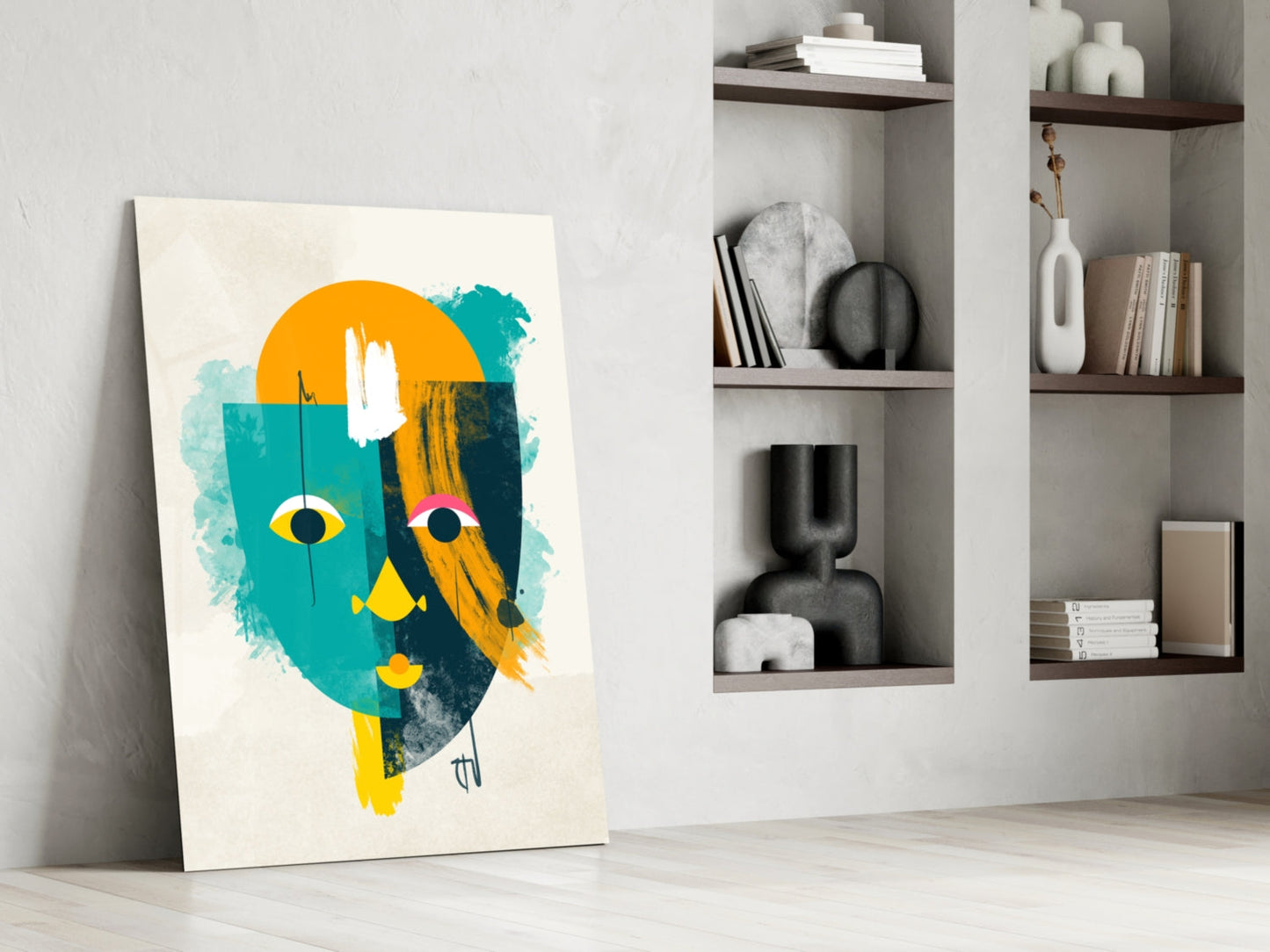 Teal And Yellow Geometric Face Glass Wall Art