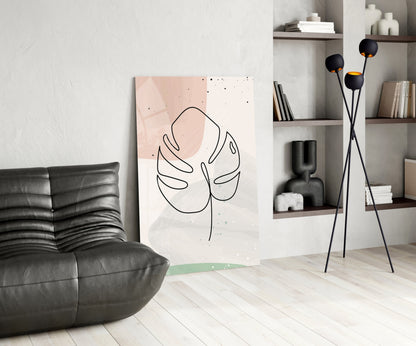 Monstera Line Blush Sage Glass Wall Art