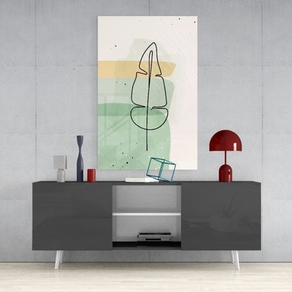 Line Art Leaf Sage Yellow Glass Wall Art
