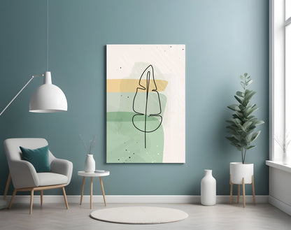 Line Art Leaf Sage Yellow Glass Wall Art