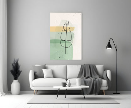 Line Art Leaf Sage Yellow Glass Wall Art